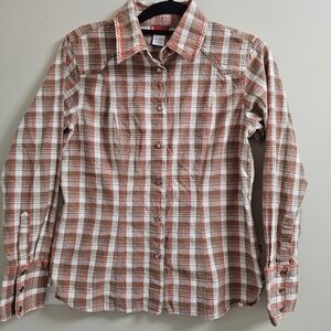 Levi's Western Shirt Womens Medium Brown Plaid Pearl Snap Rhinestone Bling Y2K